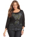 Pair your favorite jeans with Style&co.'s three-quarter-sleeve plus size top, featuring an embellished print.