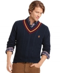 Develop your swing in preppy style with this v-neck tennis sweater from Izod. Develop your swing in preppy style with this v-neck tennis sweater from Izod.