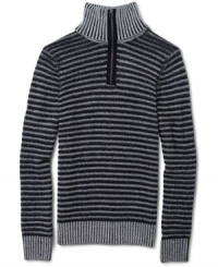 This handsome Sean John zippered turtleneck will have you decked out in classy stripes. This handsome Sean John zippered turtleneck will have you decked out in classy stripes.