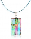 Sterling Silver Dichroic Glass Pink, Turquoise Color and Red Rectangular Pendant Necklace on Stainless Steel Wire, 18