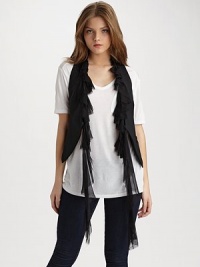 Chiffon ruffles add a touch of feminine sophistication to this menswear classic.Sleeveless Single hook-and-eye closure Front welt pocket Center back tab Button-off chiffon ruffles dangle at front Ruffles, about 38 from shoulder to hem Vest, about 23 from shoulder to hem 95% nylon/5% polyester Silk chiffon trim Dry clean Imported Chiffon ruffles add a touch of feminine sophistication to this menswear classic.Sleeveless Single hook-and-eye closure Front welt pocket Center back tab Button-off chiffon ruffles dangle at front Ruffles, about 38 from shoulder to hem Vest, about 23 from shoulder to hem 95% nylon/5% polyester Silk chiffon trim Dry clean Imported