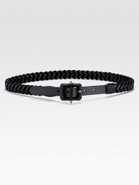 A velvet and leather style with stud detailing on the buckle. Black velvet and leatherShiny brass hardwareSits on the waistLeather covered square buckle with cone-shaped studsWidth, about 1Made in Italy A velvet and leather style with stud detailing on the buckle. Black velvet and leatherShiny brass hardwareSits on the waistLeather covered square buckle with cone-shaped studsWidth, about 1Made in Italy