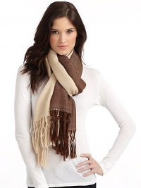 THE LOOKHandloomed two-tone designFringe detailsTHE FIT28W x 68LTHE MATERIALBaby alpacaCARE & ORIGINDry cleanImported of domestic fabric THE LOOKHandloomed two-tone designFringe detailsTHE FIT28W x 68LTHE MATERIALBaby alpacaCARE & ORIGINDry cleanImported of domestic fabric