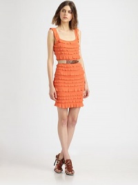 Sweet allover tiers of knit ruffles, offset by a utilitarian-inspired belt.ScoopneckSleevelessAllover rufflesIncluded beltAbout 18 from natural waist97% viscose/2% polyamide/1% elastaneHand washImported of Italian fabricModel shown is 5'9½ (176cm) wearing US size 4. Sweet allover tiers of knit ruffles, offset by a utilitarian-inspired belt.ScoopneckSleevelessAllover rufflesIncluded beltAbout 18 from natural waist97% viscose/2% polyamide/1% elastaneHand washImported of Italian fabricModel shown is 5'9½ (176cm) wearing US size 4.