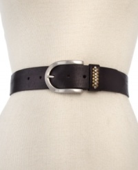 A cool classic gets some urban edge. This rich leather belt from Fossil is outfitted with a polished silver-tone C-ring and stud accents, for a look that's decidedly downtown. A cool classic gets some urban edge. This rich leather belt from Fossil is outfitted with a polished silver-tone C-ring and stud accents, for a look that's decidedly downtown.