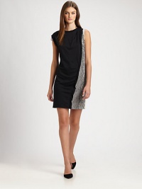 A simple knit sheath becomes a lot more with a contrast inset panel on one side with a pretty lace overlay.Round banded neckline with lace trim on one sideSleeveless on one side, cap sleeve with lace trim on the otherTiny pleats at one shoulderAsymmetrical flange and lace overlay contrast panel on one sideAbout 21 from natural waistCotton/modalDry cleanImported of Italian fabricSIZE & FITModel shown is 5'10 (177cm) wearing US size Small. A simple knit sheath becomes a lot more with a contrast inset panel on one side with a pretty lace overlay.Round banded neckline with lace trim on one sideSleeveless on one side, cap sleeve with lace trim on the otherTiny pleats at one shoulderAsymmetrical flange and lace overlay contrast panel on one sideAbout 21 from natural waistCotton/modalDry cleanImported of Italian fabricSIZE & FITModel shown is 5'10 (177cm) wearing US size Small.