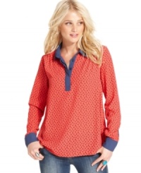 With an irreverent horse print, this Free People boyfriend blouse is stylishly slouchy! With an irreverent horse print, this Free People boyfriend blouse is stylishly slouchy!