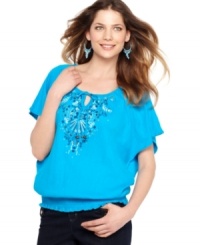 Intricate embroidery gets a little extra flash from rhinestones and studs on Style&co.'s alluring peasant top! Intricate embroidery gets a little extra flash from rhinestones and studs on Style&co.'s alluring peasant top!