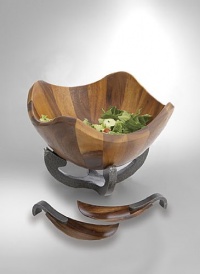 Nambe Anvil Scroll Wood Salad Bowl with Servers, Iron Finish Metal Alloy Nambe Anvil Scroll Wood Salad Bowl with Servers, Iron Finish Metal Alloy
