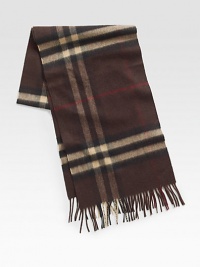A luxurious cashmere design finished in an iconic check print.Fringed ends12W x 66LcashmereDry cleanImported A luxurious cashmere design finished in an iconic check print.Fringed ends12W x 66LcashmereDry cleanImported