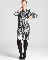 Infuse your 9-to-5 style with serious modern edge as a bold abstract print and bejeweled neckline update the essential Jones New York Collection Plus dress. Infuse your 9-to-5 style with serious modern edge as a bold abstract print and bejeweled neckline update the essential Jones New York Collection Plus dress.
