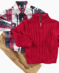 This sweater, plaid shirt and pants set by Nautica will have him looking sweet and spiffy. This sweater, plaid shirt and pants set by Nautica will have him looking sweet and spiffy.