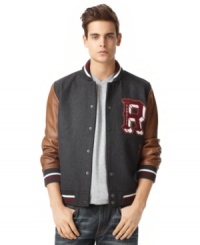 Be the captain of cool in this stylish and warm American Rag varsity jacket. Be the captain of cool in this stylish and warm American Rag varsity jacket.
