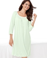 Lovely lace trim and delicate embroidery lend ladylike romance to this short nightgown by Miss Elaine, crafted of luxuriously silky Sofiknit® fabric. Lovely lace trim and delicate embroidery lend ladylike romance to this short nightgown by Miss Elaine, crafted of luxuriously silky Sofiknit® fabric.