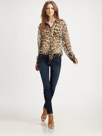 Bold leopard-print punches up this airy silk button-down styled with a chic tie-front hem.Point collarDropped shouldersChest pocketButton-down placketTie-front hemAbout 21 from shoulder to hemSilkDry cleanImportedModel shown is 5'9½ (176cm) wearing US size Small. Bold leopard-print punches up this airy silk button-down styled with a chic tie-front hem.Point collarDropped shouldersChest pocketButton-down placketTie-front hemAbout 21 from shoulder to hemSilkDry cleanImportedModel shown is 5'9½ (176cm) wearing US size Small.