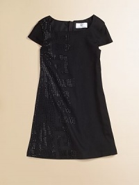 Short-sleeved frock in a classic A-line silhouette with a studded Versace logo design.U-neckShort sleevesConcealed back zipperFully lined97% viscose/3% elastaneMachine washMade in Italy Short-sleeved frock in a classic A-line silhouette with a studded Versace logo design.U-neckShort sleevesConcealed back zipperFully lined97% viscose/3% elastaneMachine washMade in Italy