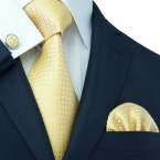 Landisun 30A Light Yellow Plaids & Checks Mens Silk Tie Set: Tie+Hanky+Cufflinks