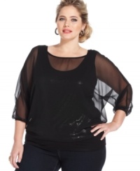 A sheer winner: Grace Elements' layered look plus size top, featuring a sequined inset-- it's party-perfect! A sheer winner: Grace Elements' layered look plus size top, featuring a sequined inset-- it's party-perfect!