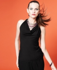 A draped cowl neckline adds feminine flair to this Neon halter top -- perfect for a flirty party look! A draped cowl neckline adds feminine flair to this Neon halter top -- perfect for a flirty party look!