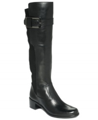 Super tall and sleek, Tahari's Karmel boots feature buckle detail around the shaft and lovely stacked heel. Super tall and sleek, Tahari's Karmel boots feature buckle detail around the shaft and lovely stacked heel.