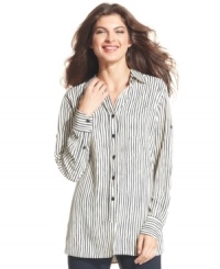 Striking stripes make Ellen Tracy's oversized shirt completely chic and on-trend. Pair it with black pants for a modern look or with a bright skirt to dress it up! Striking stripes make Ellen Tracy's oversized shirt completely chic and on-trend. Pair it with black pants for a modern look or with a bright skirt to dress it up!