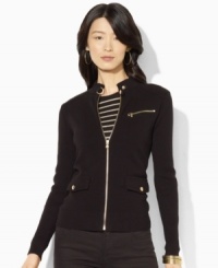 Drawing inspiration from the classic motorcycle jacket, Lauren Ralph Lauren's soft cotton petite cardigan is lent modern edge from an eye-catching throat latch and angled zip pocket at the chest. Drawing inspiration from the classic motorcycle jacket, Lauren Ralph Lauren's soft cotton petite cardigan is lent modern edge from an eye-catching throat latch and angled zip pocket at the chest.