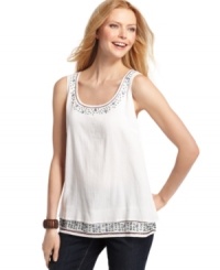 Beading updates a flirty, fluid tank top from Style&co. Beading updates a flirty, fluid tank top from Style&co.