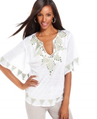 Geometric patterns give INC's flowing embroidered tunic just the right amount of graphic pop! Lightweight linen fabric makes this an essential piece for warm weather. Geometric patterns give INC's flowing embroidered tunic just the right amount of graphic pop! Lightweight linen fabric makes this an essential piece for warm weather.