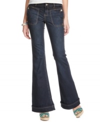 Tommy Girl does flared denim justice with this dark wash pair designed with cool front pockets! Tommy Girl does flared denim justice with this dark wash pair designed with cool front pockets!