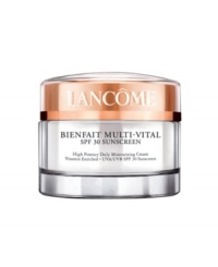 Bienfait Multi-Vital features a unique complex of nurturing Vitamins E, CG, and B5, plus high potency of moisturization for 24-hour ideal hydration. Your skin will look its healthy-best and feel touchably soft all day. With dermatologist recommended UVA/UVB SPF 30 sunscreen and essential anti-oxidant protection, Bienfait Multi-Vital gives your skin what it needs to help fight the visible effects of environmental skin damage. Apply this hydrating cream every day on your face and throat before sun exposure. Bienfait Multi-Vital features a unique complex of nurturing Vitamins E, CG, and B5, plus high potency of moisturization for 24-hour ideal hydration. Your skin will look its healthy-best and feel touchably soft all day. With dermatologist recommended UVA/UVB SPF 30 sunscreen and essential anti-oxidant protection, Bienfait Multi-Vital gives your skin what it needs to help fight the visible effects of environmental skin damage. Apply this hydrating cream every day on your face and throat before sun exposure.