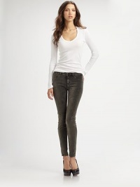 Body-skimming skinnies in a leggings-style silhouette, finished with a butter-soft finish and four-pocket styling. THE FITRise, about 8Inseam, about 29THE DETAILSButton closureZip flyFour-pocket style98% cotton/2% spandexMachine washMade in USA of imported fabricModel shown is 5'11 (178cm) wearing US size 4. Body-skimming skinnies in a leggings-style silhouette, finished with a butter-soft finish and four-pocket styling. THE FITRise, about 8Inseam, about 29THE DETAILSButton closureZip flyFour-pocket style98% cotton/2% spandexMachine washMade in USA of imported fabricModel shown is 5'11 (178cm) wearing US size 4.