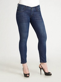 Sleek, stretchy body-skimming denim for your most flattering fit. THE FITSleek fit at waist and hips Skinny-leg style Rise, about 8¾ Inseam, about 29THE DETAILSZip-fly and button closure Five-pocket style Contrast topstitching 85% cotton/12% polyester/3% spandex; machine wash Made in USA Sleek, stretchy body-skimming denim for your most flattering fit. THE FITSleek fit at waist and hips Skinny-leg style Rise, about 8¾ Inseam, about 29THE DETAILSZip-fly and button closure Five-pocket style Contrast topstitching 85% cotton/12% polyester/3% spandex; machine wash Made in USA