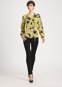 Channel '70s chicness in this airy silk blouse, defined by front self ties and allover pintucking. Roundneck with self tieHidden button frontLong sleevesSilkDry cleanImportedModel shown is 5'10 (177cm) wearing US size 2. Channel '70s chicness in this airy silk blouse, defined by front self ties and allover pintucking. Roundneck with self tieHidden button frontLong sleevesSilkDry cleanImportedModel shown is 5'10 (177cm) wearing US size 2.