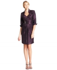 Jessica Howard's dress features a pleated empire waist with brooch-like beaded detail and a matching jacket that elevates the look. The shimmery, textured finish pairs well with a simple heel for a flawless look! Jessica Howard's dress features a pleated empire waist with brooch-like beaded detail and a matching jacket that elevates the look. The shimmery, textured finish pairs well with a simple heel for a flawless look!