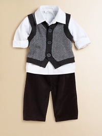 He'll be ready for anything in this dressy outfit, featuring a woven shirt, herringbone-knit vest and cozy corduroy pants. Shirt Point collarButton frontLong sleeves with rolled cuffs Vest Button frontRibbed trim Pants Pull-on styleCottonMachine washImported Please note: Number of buttons may vary depending on size ordered. He'll be ready for anything in this dressy outfit, featuring a woven shirt, herringbone-knit vest and cozy corduroy pants. Shirt Point collarButton frontLong sleeves with rolled cuffs Vest Button frontRibbed trim Pants Pull-on styleCottonMachine washImported Please note: Number of buttons may vary depending on size ordered.