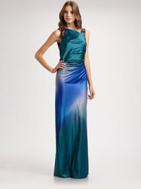 An elegant, feminine silhouette shaped with strategic gathers and finished with an allover ombre effect and delicate beading.Asymmetrical neckline with beaded shoulderSleevelessConcealed back zip closureSide and back gathersDraped ruffle backAbout 61 from shoulder to hemFully lined97% polyester/3% spandexDry cleanImportedModel shown is 5'10 (177cm) wearing US size 4. An elegant, feminine silhouette shaped with strategic gathers and finished with an allover ombre effect and delicate beading.Asymmetrical neckline with beaded shoulderSleevelessConcealed back zip closureSide and back gathersDraped ruffle backAbout 61 from shoulder to hemFully lined97% polyester/3% spandexDry cleanImportedModel shown is 5'10 (177cm) wearing US size 4.