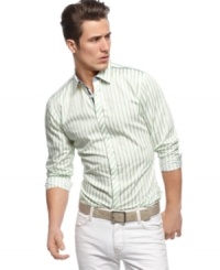 Prep your wardrobe for the spring season with this light striped shirt from INC International Concepts. Prep your wardrobe for the spring season with this light striped shirt from INC International Concepts.