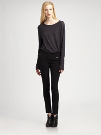 A sporty-chic pair in an ultra-slim silhouette with bold front zip details.Tab front with button closureZip flyFront slash seamsBack slash pocketsBack dartsRise, about 8½Inseam, about 29Fully lined65% polyester/31% rayon/4% spandexDry cleanImportedModel shown is 5'11 (180cm) wearing US size Small. A sporty-chic pair in an ultra-slim silhouette with bold front zip details.Tab front with button closureZip flyFront slash seamsBack slash pocketsBack dartsRise, about 8½Inseam, about 29Fully lined65% polyester/31% rayon/4% spandexDry cleanImportedModel shown is 5'11 (180cm) wearing US size Small.