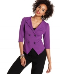 It's official: three-quarter sleeve design plus a sharp, cutaway hem make this double-breast blazer incredibly fresh! From Rampage. It's official: three-quarter sleeve design plus a sharp, cutaway hem make this double-breast blazer incredibly fresh! From Rampage.