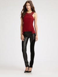 Architectural lines add a forward-thinking edge to this sleek crepe and leather design.Cut-away necklineFittedBodice dartsAsymmetric hemCenter back zipperAbout 23 from shoulder to hemBody: polyesterCollar: leatherDry clean by a leather specialistImportedModel shown is 5'11 (180cm) wearing US size 4. Architectural lines add a forward-thinking edge to this sleek crepe and leather design.Cut-away necklineFittedBodice dartsAsymmetric hemCenter back zipperAbout 23 from shoulder to hemBody: polyesterCollar: leatherDry clean by a leather specialistImportedModel shown is 5'11 (180cm) wearing US size 4.
