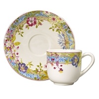 Millefleurs was inspired by flowers in a European garden as well as antique tableware. Its delicate renderings of pansies, roses, and thistles are blended with a vintage border in a contemporary color palette. Sophisticated, yet fresh and youthful. Dishwasher and microwave safe (for reheating only).