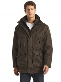 THE LOOKLayered stand-up collarConcealed front zip closure with exposed snap closureLong sleevesFront slash pocketsFront button flap pocketsInterior zip pocketInterior slash snap phone pocketRemovable liner doubles as a separate jacketWool & cashmere trim on linerWaterproof and windproofTHE FITAbout 33 from shoulder to hemTHE MATERIALShell: PolyesterTrim: 90% wool/10% cashmereLiner: 50% nylon/50% acetateFiller: DownFully THE LOOKLayered stand-up collarConcealed front zip closure with exposed snap closureLong sleevesFront slash pocketsFront button flap pocketsInterior zip pocketInterior slash snap phone pocketRemovable liner doubles as a separate jacketWool & cashmere trim on linerWaterproof and windproofTHE FITAbout 33 from shoulder to hemTHE MATERIALShell: PolyesterTrim: 90% wool/10% cashmereLiner: 50% nylon/50% acetateFiller: DownFully