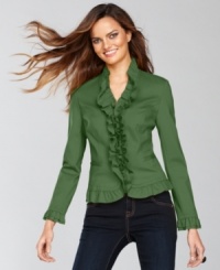 Ruffles adorn this charming petite jacket from INC. Sleek ponte knit ensures this piece is wearable the whole year round. Ruffles adorn this charming petite jacket from INC. Sleek ponte knit ensures this piece is wearable the whole year round.