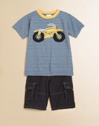 Stripes and motorcycles set the scene for this handsome set with a cozy cotton knit and ultra-cool cargo shorts. Tee CrewneckShort sleevesMotorcycle appliquéCottonImported of domestic fabric Shorts Elastic waistband with draw cord and cord lockTwo cargo pockets with flapTwo back flap pocketsTwo front side pockets70% cotton/30% nylonMachine washImportedAdditional InformationKid's Apparel Size Guide 