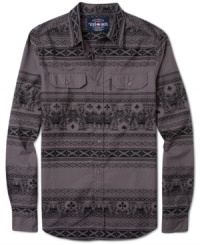 Stylish mens long sleeve fitted graphic collared shirt by Ecko Unltd works with dark slacks or dark jeans. Stylish mens long sleeve fitted graphic collared shirt by Ecko Unltd works with dark slacks or dark jeans.