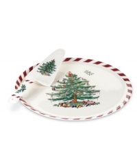 With an historic pattern and candy-cane trim, the Christmas Tree Peppermint collection of cake plates and servers from Spode's collection of serveware and serving dishes are a festive gift to holiday dining. A full evergreen tree with baubles, tinsel and perfectly wrapped packages sets the table for celebration.