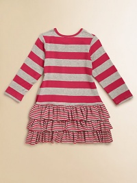 This pretty rayon dress features a mix of wide and mini stripes and a charming ruffle skirt.CrewneckLong sleevesThree-tiered ruffle hem96% rayon/4% spandexMachine washImported This pretty rayon dress features a mix of wide and mini stripes and a charming ruffle skirt.CrewneckLong sleevesThree-tiered ruffle hem96% rayon/4% spandexMachine washImported