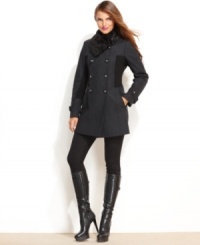 GUESS combines a military-inspired tailoring with fashion-forward colorblocked knit insets and a luxe faux fur collar for a wholly unique coat. GUESS combines a military-inspired tailoring with fashion-forward colorblocked knit insets and a luxe faux fur collar for a wholly unique coat.