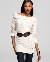 This belted GUESS sweater with a chic, cinched-waist silhouette over denim is the go-to ensemble for instant style that carries you through virtually all year-round. This belted GUESS sweater with a chic, cinched-waist silhouette over denim is the go-to ensemble for instant style that carries you through virtually all year-round.