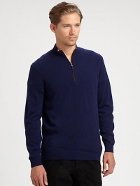 EXCLUSIVELY OURS. An incredibly soft pullover with everyday style shaped in fine cashmere with suede piping.Half-zip frontMock neck collarRibbed collar, cuffs and hemCashmereDry cleanImported EXCLUSIVELY OURS. An incredibly soft pullover with everyday style shaped in fine cashmere with suede piping.Half-zip frontMock neck collarRibbed collar, cuffs and hemCashmereDry cleanImported